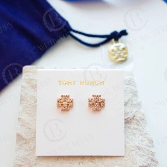NWOT Tory Burch Rose Gold Logo Shape Pave Stud Earrings - Picture 2 of 6